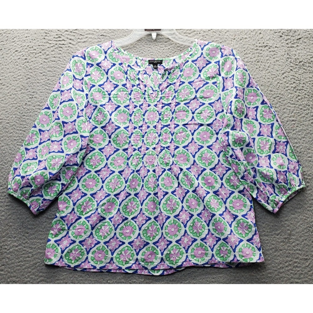 Talbots Blouse Top Womens S Multi Floral Long Sleeve Pintuch Detail Button Front